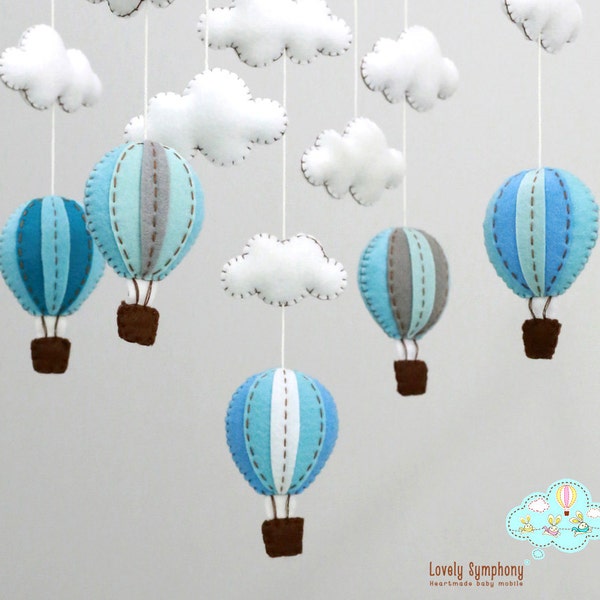 Blue and grey hot air balloons baby mobile, smoky blue, winter sky baby mobile -baby mobile for boy nursery.