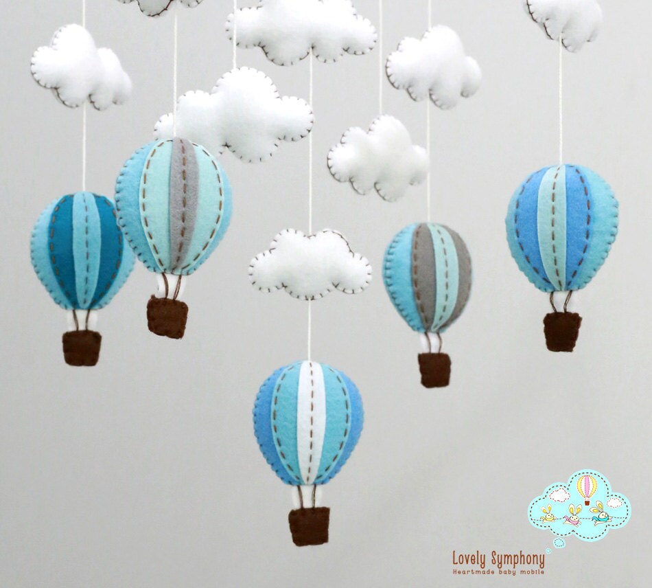 4-6 Jours Ouvrables Livraison Montgolfières Bleues et Grises Bébé Mobile, Bleu Fumé, Ciel d'hiver Mo