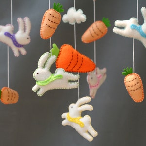 Follow the white rabbit, Rabits baby mobile, White rabbits mobile, rabbit felt mobile image 1