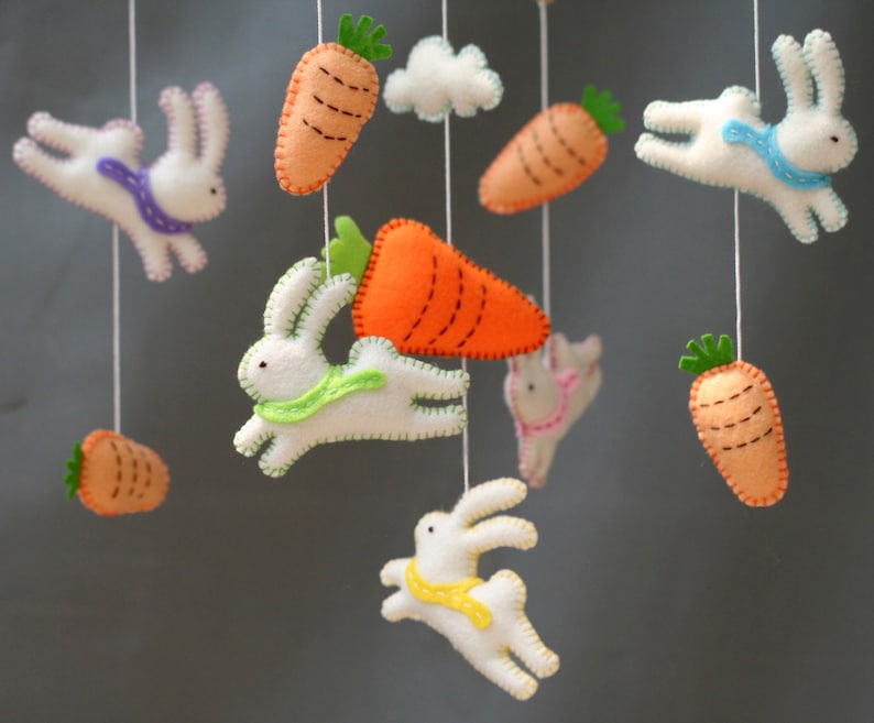 Follow the white rabbit, Rabits baby mobile, White rabbits mobile, rabbit felt mobile image 1