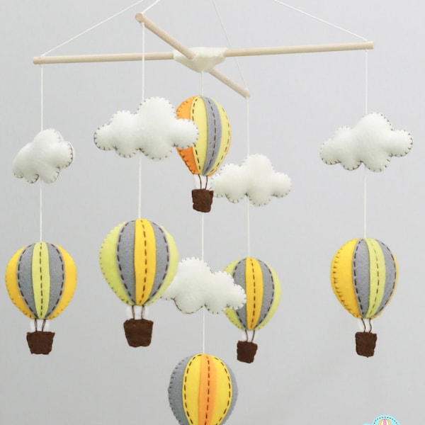 Handmade Felt Hot Air Balloon Baby Mobile, Yellow & Gray Nursery Decor