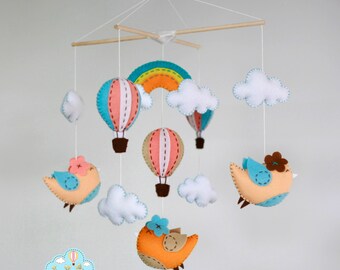 Birds rainbow and hot air balloons baby mobile, hot air balloons baby mobile, up in the sky mobile