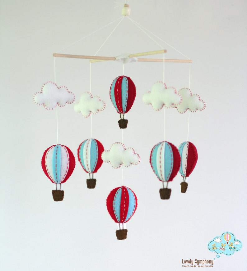 Red and blue hot air balloons baby mobile, Red and blue, hot air balloon, whimsical baby mobile image 2