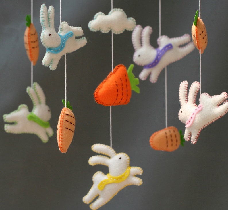 Follow the white rabbit, Rabits baby mobile, White rabbits mobile, rabbit felt mobile image 3