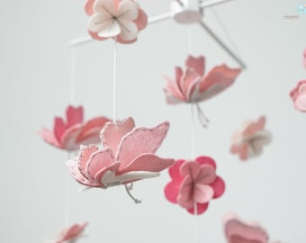 Pink butterflies baby mobile, boho baby mobile for girl nursery