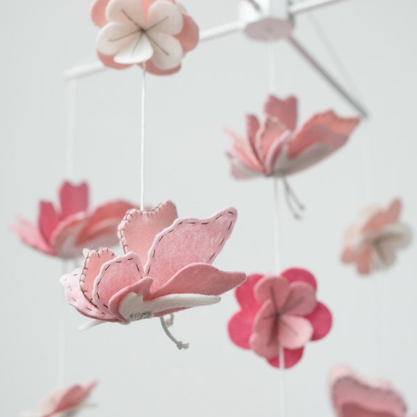 Pink butterflies baby mobile, boho baby mobile for girl nursery