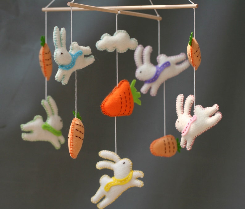 Follow the white rabbit, Rabits baby mobile, White rabbits mobile, rabbit felt mobile image 4