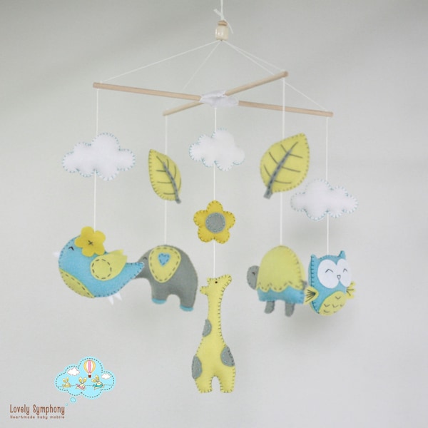 Blue and yellow baby mobile- Forest baby mobile- blue and yellow animals mobile