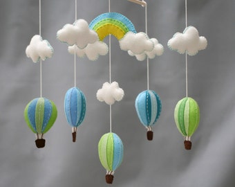 Rainbow and hot air balloons baby mobile, Blue and green, beautiful sky baby mobile