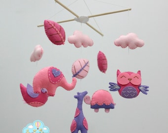 Pink and purple baby mobile- Forest baby mobile- pink and purple animals mobile