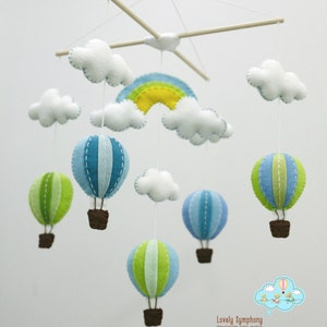 Blue and green rainbow hot air balloons mobile, Balloons baby mobile, colorful balloons mobile, balloons mobile
