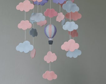 Rose Quartz & Serenity cloud bank baby mobile, clouds mobile, hot air balloons mobile, up in the sky baby mobile