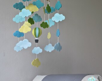 Blue green & yellow cloud bank baby mobile, clouds mobile, hot air balloons baby mobile, up in the sky