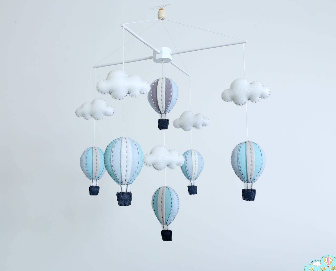 Pastel Blue and Grey Hot Air Balloons Baby Mobile, Baby Mobile, Winter ...