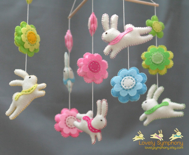 Rabbits and flowers baby mobile bunnies and flowers baby mobile spring baby mobile image 1