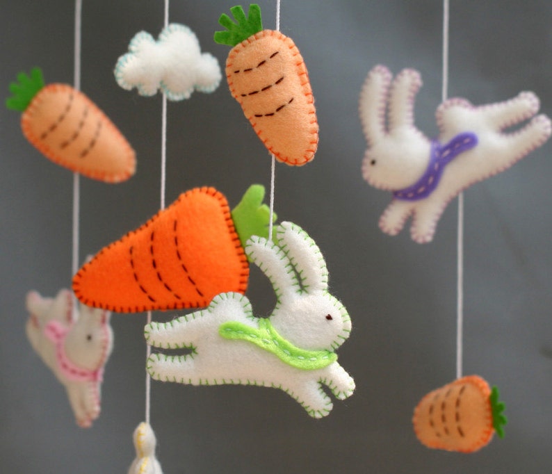 Follow the white rabbit, Rabits baby mobile, White rabbits mobile, rabbit felt mobile image 2