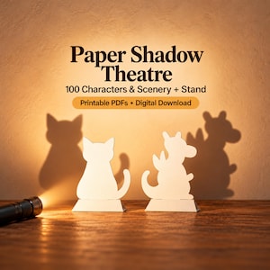 May include: A Paper Shadow Theatre kit featuring 100 characters and scenery with a stand. The set includes printable PDFs for a digital download. Two white paper cutouts of a cat and a dragon stand on a surface, casting shadows.