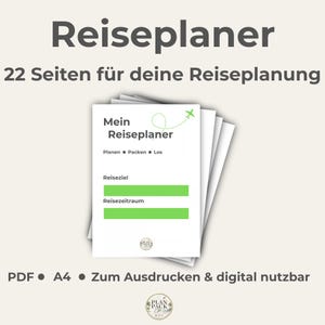 Könnte beinhalten: Ein Reiseplaner mit 22 Seiten, der den Text Reiseplaner, 22 Seiten für deine Reiseplanung, Mein Reiseplaner, Planen Packen Los, Reiseziel und Reisezeitraum enthält, mit einem grünen Flugzeugsymbol und im PDF A4 Format.