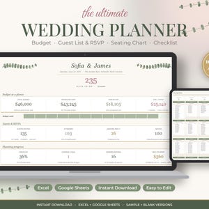 Wedding Planner Spreadsheet, Wedding Budget & Guest List Tracker, RSVP, Seating Chart, Checklist, Excel and Google Sheets Template