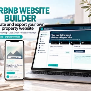 May include: A digital product for an Airbnb website builder displayed on a laptop and smartphone. The screen shows text including Airbnb Website Builder, Create and export your own property website, Direct Booking, Local Guide, Guest Concierge, and HTML App.