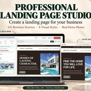 May include: A digital product titled Professional Landing Page Studio featuring 141 business starters, 8 visual styles, and real demo photos. The interface shows a builder and a live page preview for a luxury real estate website.
