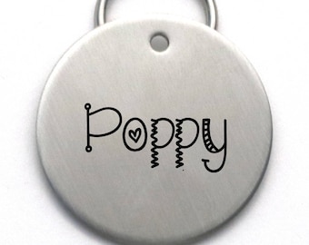 Large Stainless Steel Dog Tag - Whimsical Font - Unique Pet Name Tag