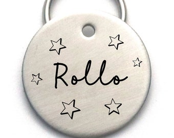 Stainless Steel Dog Name Tag With Stars - Unique Custom Pet ID - Strong Metal Engraved Tag