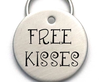 Funny Engraved Dog Name Tag - Customized Pet ID Tag- Free Kisses - Name and Number on Back