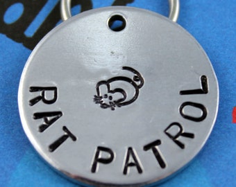 Cat Tag - Handstamped Aluminum Pet Tag - Customized Unique Dog or Cat ID Tag - Rat Patrol