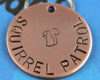 Dog Name Tag - Handstamped Copper Pet Tag - Personalized Pet ID Tag - Squirrel Patrol