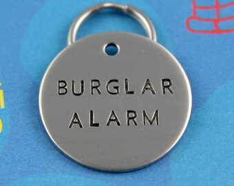 Funny Dog Tag  - Cool Dog ID Tag - Personalized Pet Gift - Burglar Alarm - Name and Number on Back