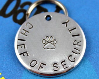 Dog Name Tag - Handstamped Aluminum Metal Pet Tag - Personalized - Chief of Security