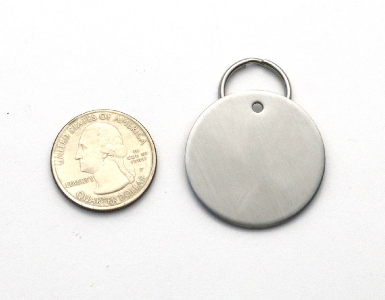K&ouml;nnte beinhalten: Ein rundes, leeres Schild aus Silber mit einem Loch f&uuml;r einen Ring. Das Schild ist etwa so gro&szlig; wie eine US-amerikanische 25-Cent-M&uuml;nze.