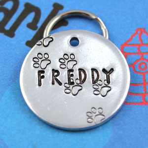 Dog Tag - Unique Metal Pet ID Tag With Paw Prints - Hand Stamped Custom Dog Name Tag