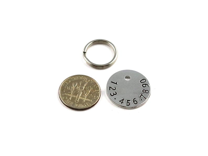 Puede incluir: Un llavero plateado con una etiqueta redonda plateada con los n&uacute;meros 123.456.7890 grabados en ella. Tambi&eacute;n se ve un llavero plateado y una moneda de diez centavos de d&oacute;lar estadounidense en la imagen.