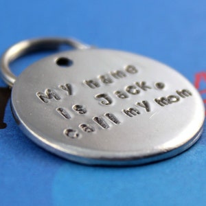 Custom Aluminum Dog Tag Handstamped Pet Tag Call My Mom image 2