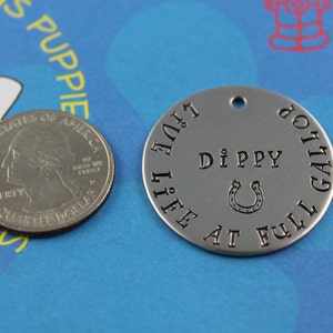 May include: A silver dog tag with the text "Live Life At Full Gallop" and the name "Dippy" with a horseshoe symbol.