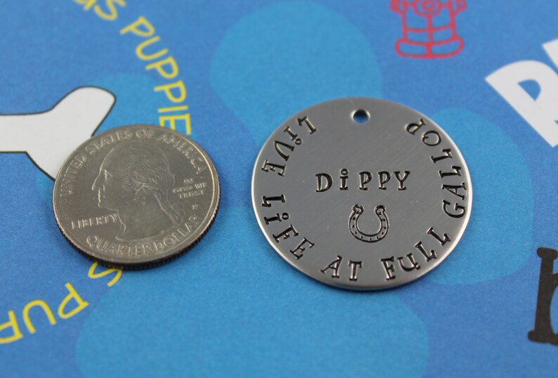 May include: A silver dog tag with the text "Live Life At Full Gallop" and the name "Dippy" with a horseshoe symbol.