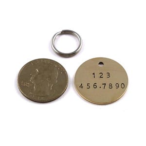 Pode incluir: Uma moeda de um quarto de d&oacute;lar americana ao lado de uma pequena etiqueta redonda de lat&atilde;o para animais de estima&ccedil;&atilde;o com os n&uacute;meros 123 e 456.7890. Um anel dividido prateado est&aacute; acima da etiqueta. A etiqueta tem um buraco.