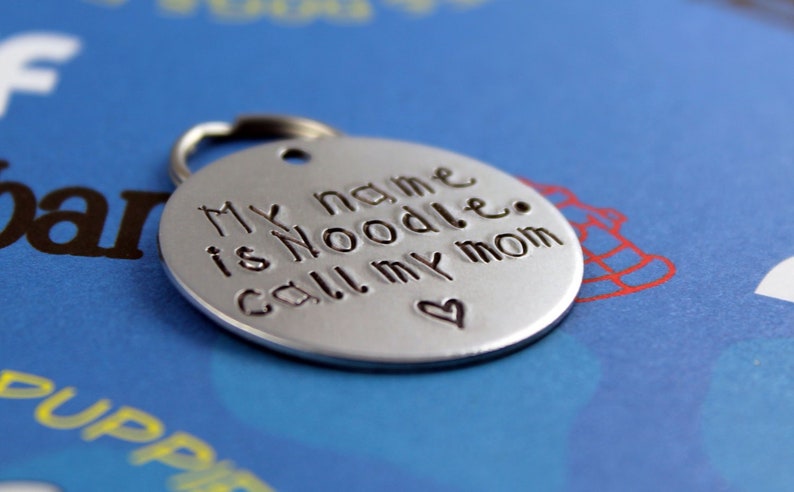 May include: Silver dog tag with the text "My name is Noodle. Call my mom" and a small heart.