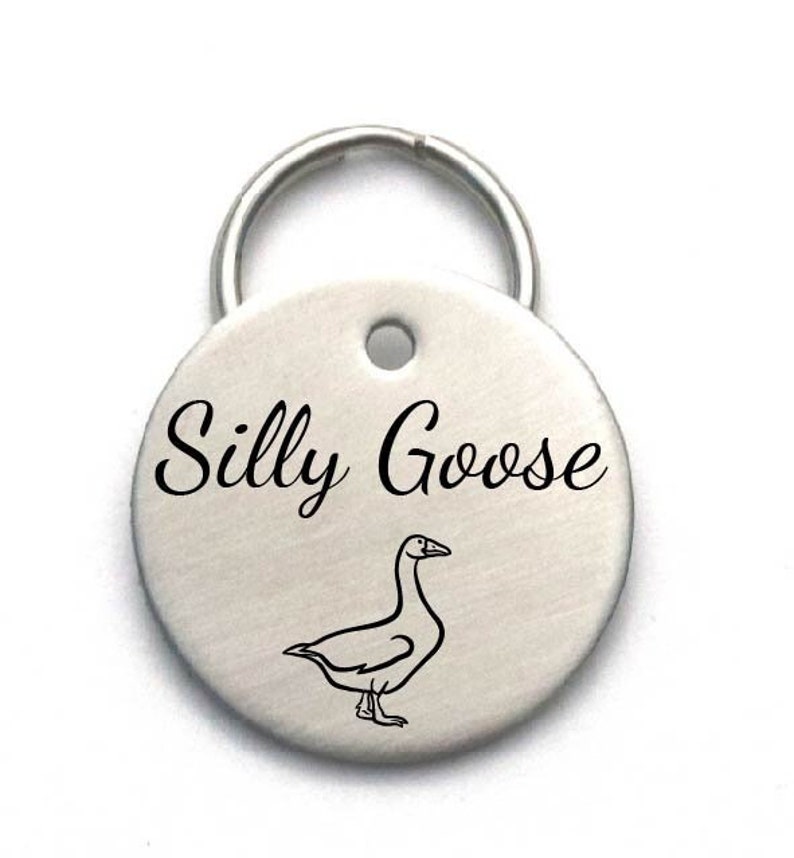 Pu&ograve; includere: Etichetta rotonda in argento per animali domestici con un'illustrazione di oca e il testo "Silly Goose" inciso su di essa.