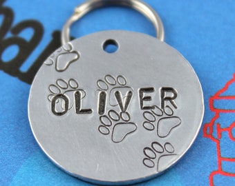 Aluminum Dog Tag - Fun Metal Pet ID Tag With Paw Prints - Hand Stamped Dog Name Tag