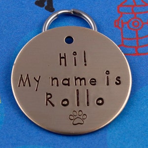 LARGE Dog Tag - Personalized handstamped Pet Tag - Hi My Name Is - Cute Dog ID Tag