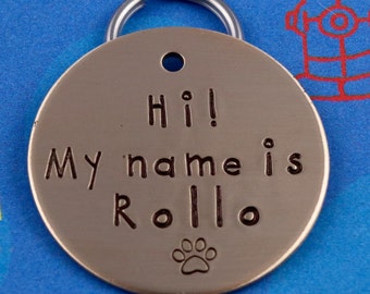 LARGE Dog Tag - Personalized handstamped Pet Tag - Hi My Name Is - Cute Dog ID Tag