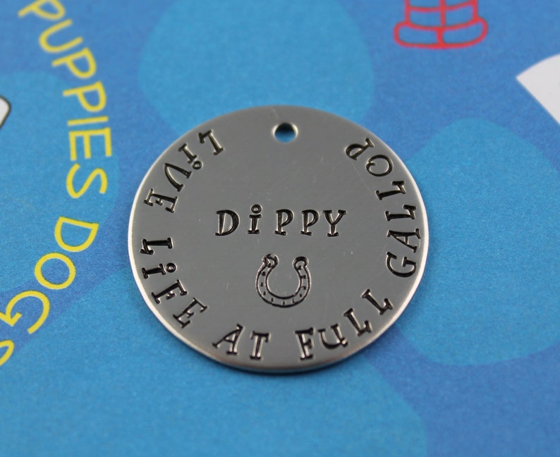 May include: A silver dog tag with the text "Dippy Live Life At Full Gallop" and a horseshoe symbol.