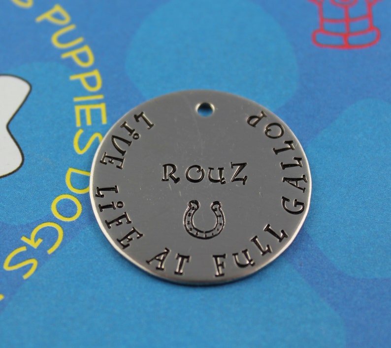 May include: Silver round dog tag with the text "Live life at full gallop" and the name "Rouz" with a horseshoe symbol.