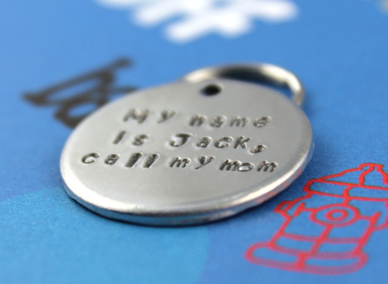 Pode incluir: Uma etiqueta para animais de estima&ccedil;&atilde;o circular prateada com um anel para fixa&ccedil;&atilde;o. A etiqueta tem o texto estampado que diz "My name is Jack, call my mom". O fundo &eacute; azul com uma ilustra&ccedil;&atilde;o de um hidrante.