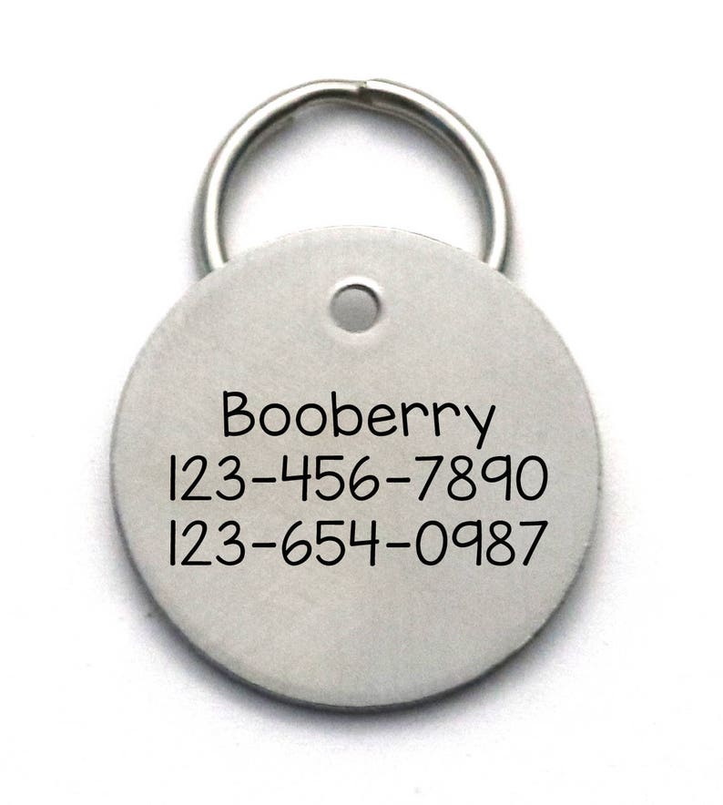 Op de afbeelding: Ronde zilveren hondenpenning met de naam "Booberry" en twee telefoonnummers: 123-456-7890 en 123-654-0987.