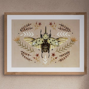 Hercules beetle and flowers art print watercolour gouache