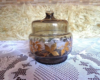Vintage glass bowl with lid, brown glass with hand-painted golden flowers, glass bowl for serving candy and sweets.
